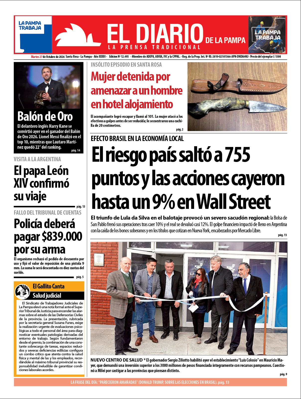 Tapa de El Diario en papel  martes 27 de octubre de 2026